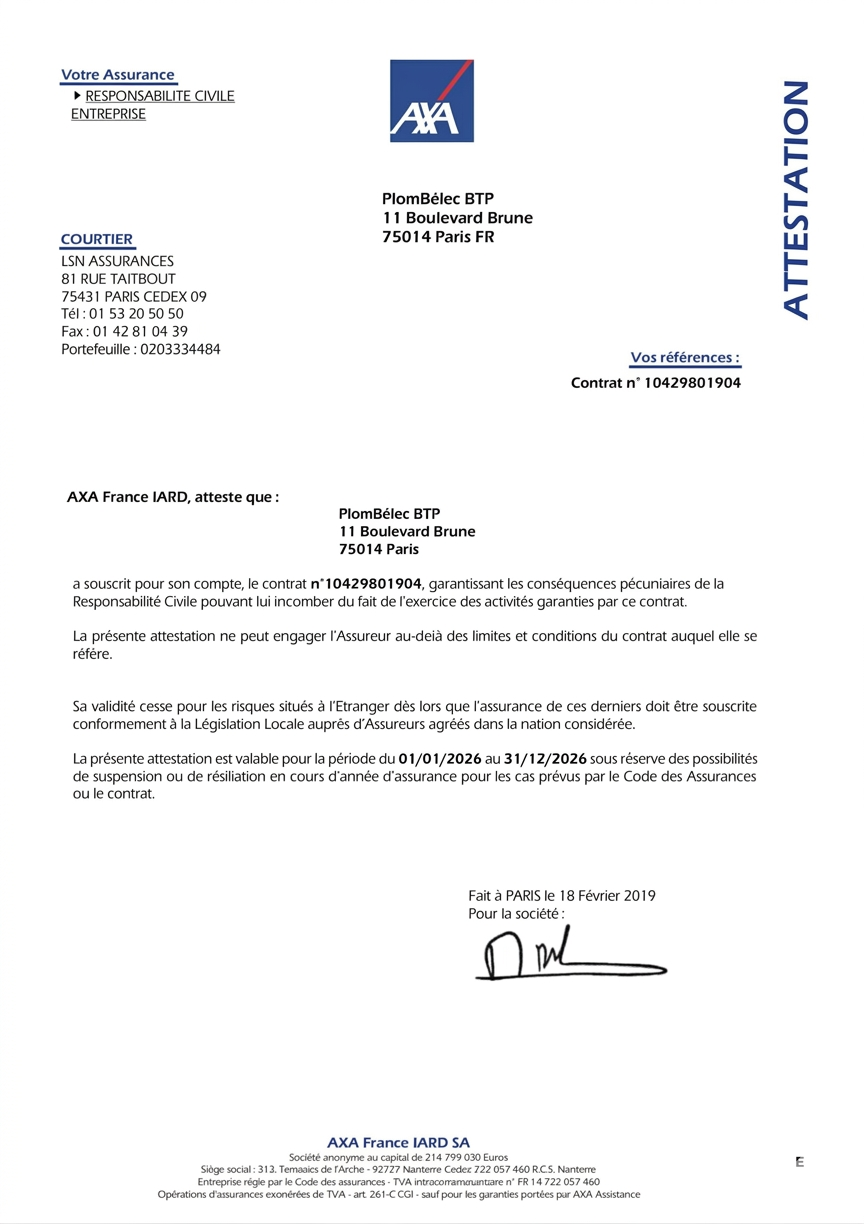 Attestation d'assurance — Document A